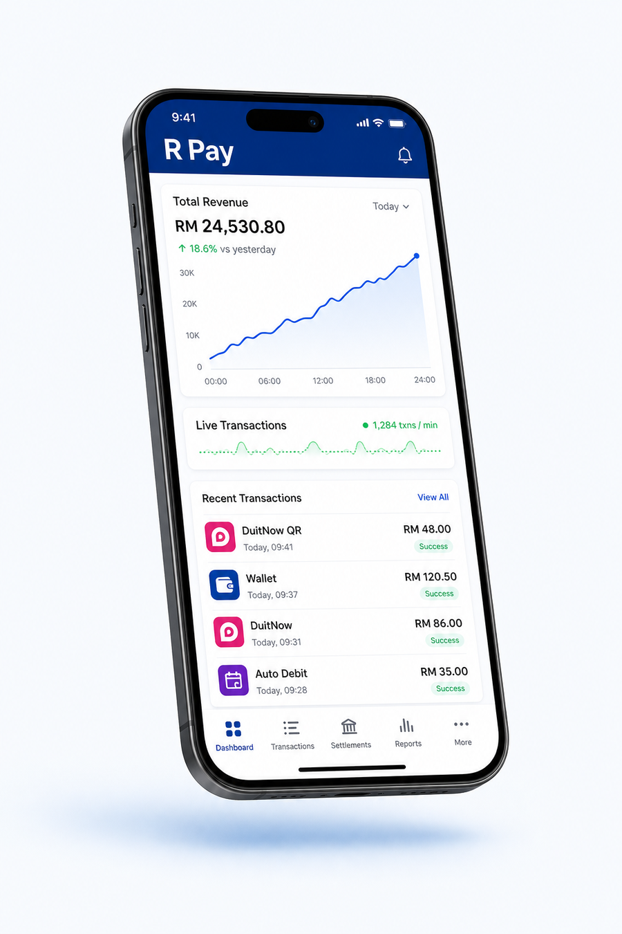 R Pay merchant app shown on a tilted phone with live revenue chart and recent transactions